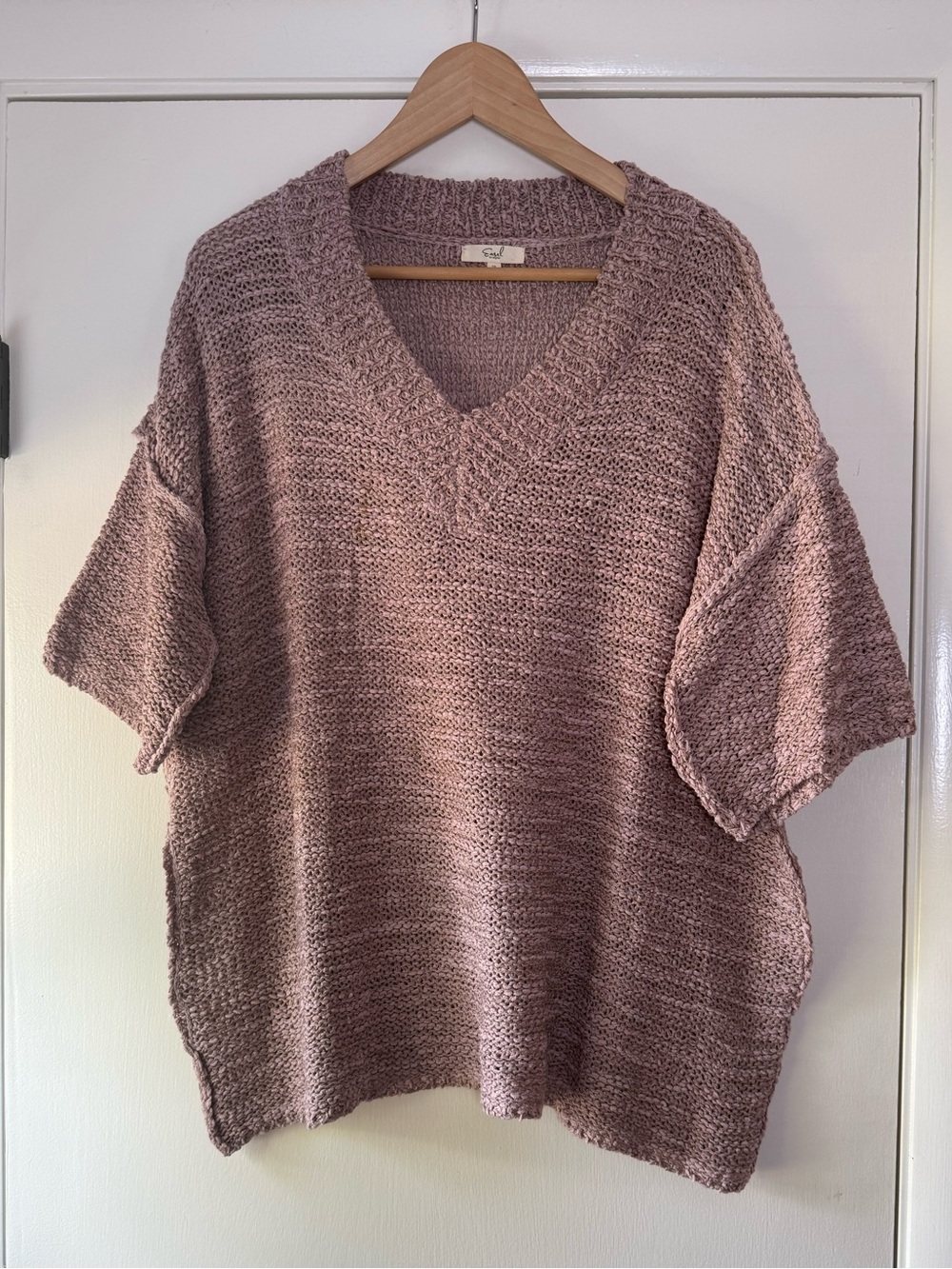 Easel Open Knit Short Sleeve Sweater Oversized Slouchy Boho Chic Lilac Mauve
